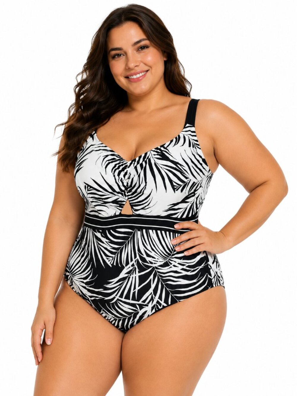 SWIM BY CACIQUE Cut-Out One Piece Swimsuit Bathing Suit Tropical Palm Women's 22